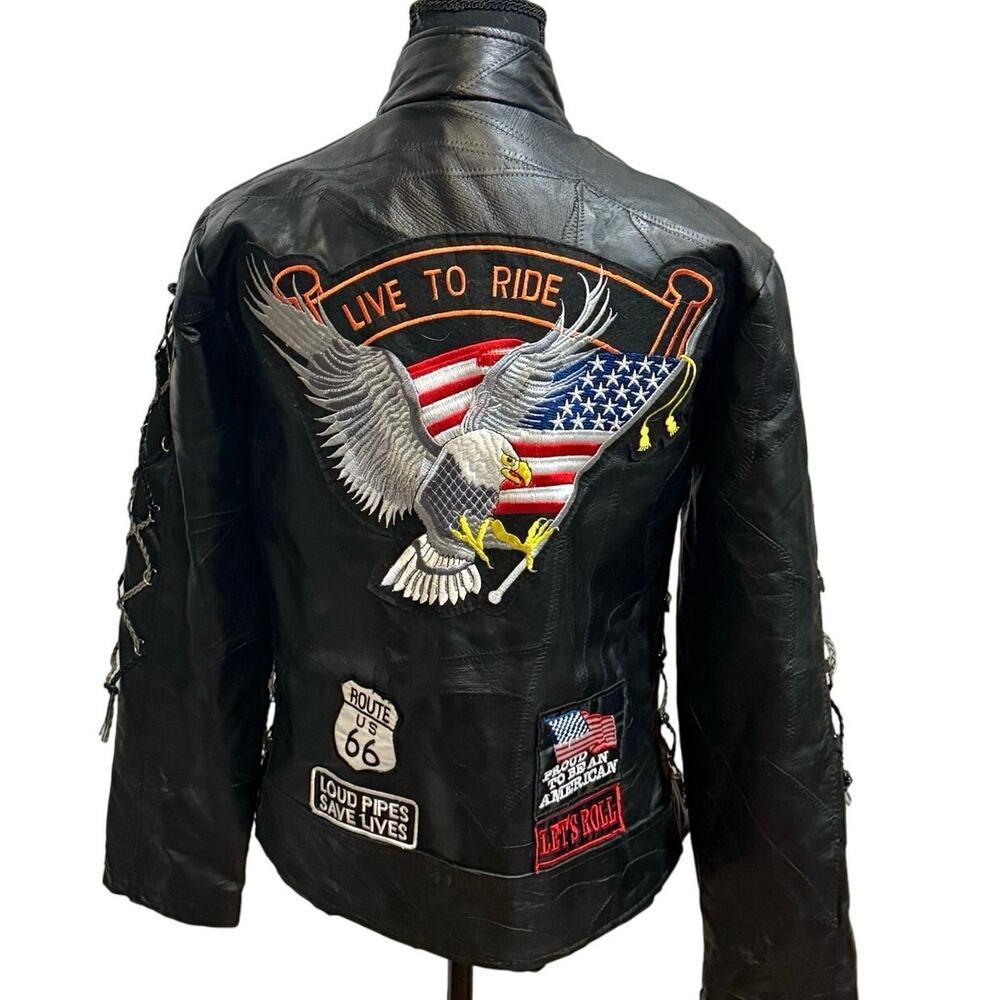 Diamond Plate Buffalo CustomLeather Biker Jacket w/ Patches American  - Size S